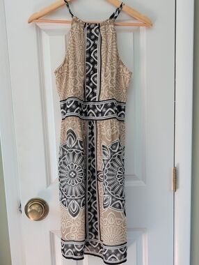 London Times Beige and Black Halter Midi Dress
